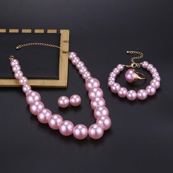 Faux Pearl Jewelry Set for Women Necklace Earrings Bracelet Ring Formal Wedding - Picture 6 of 7